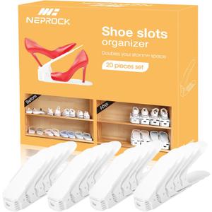 Neprock Shoe Slots Organizer, 20 Pack Adjustable Shoe Rack Stacker Storage Space Saver, Double Deck Shoe Rack Holder for Closet Organization (White)