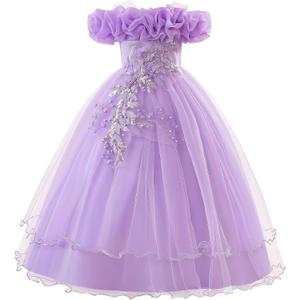 Flower Girl Dresses Lace Embroidery Off The Shoulder Tulle Dress Communion Pageant Wedding Dance Gown (Purple)