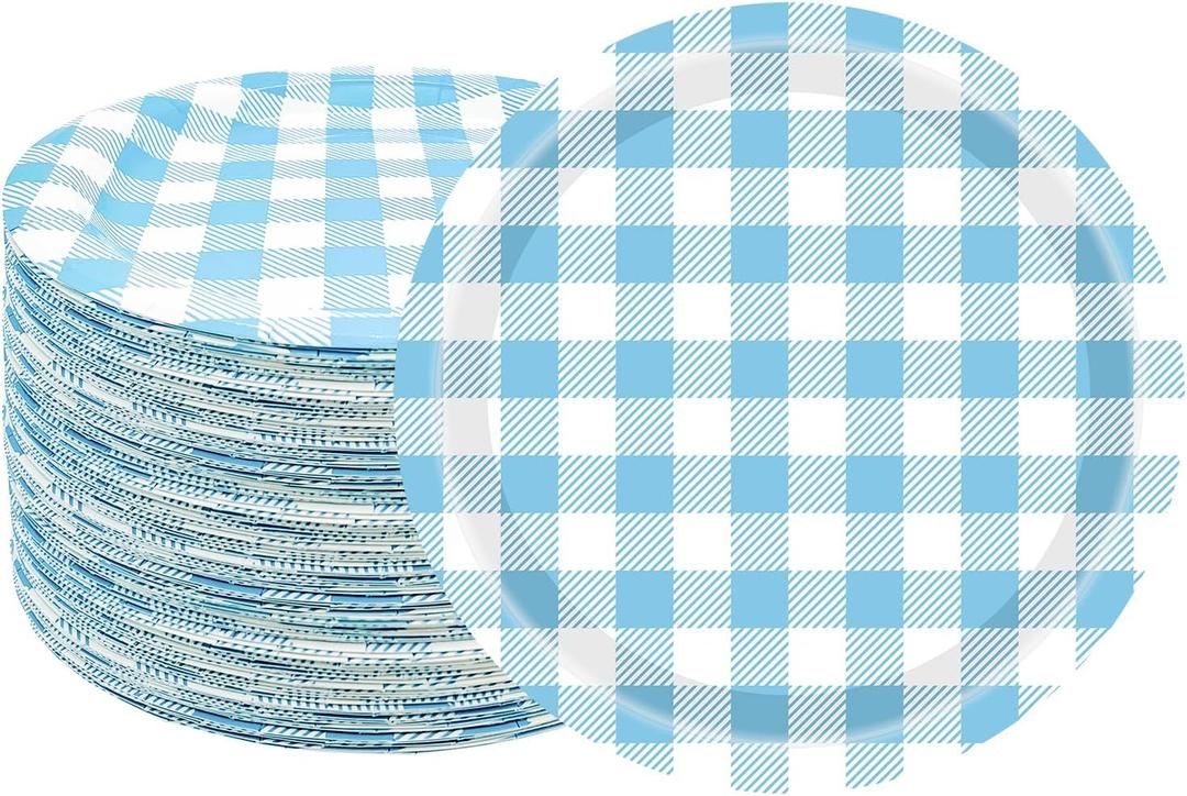 50Pcs Gingham Party Supplies 7" Pink Gingham Paper Plates PinkCheckered Plate Disposable Pinkand White Plaid Plates for Baby Shower Wedding Picnic BBQ Birthday Party Decor (Blue)