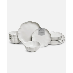 Sango Bethany 12-Piece White Stoneware Dinnerware Set Service for 4 Microwave