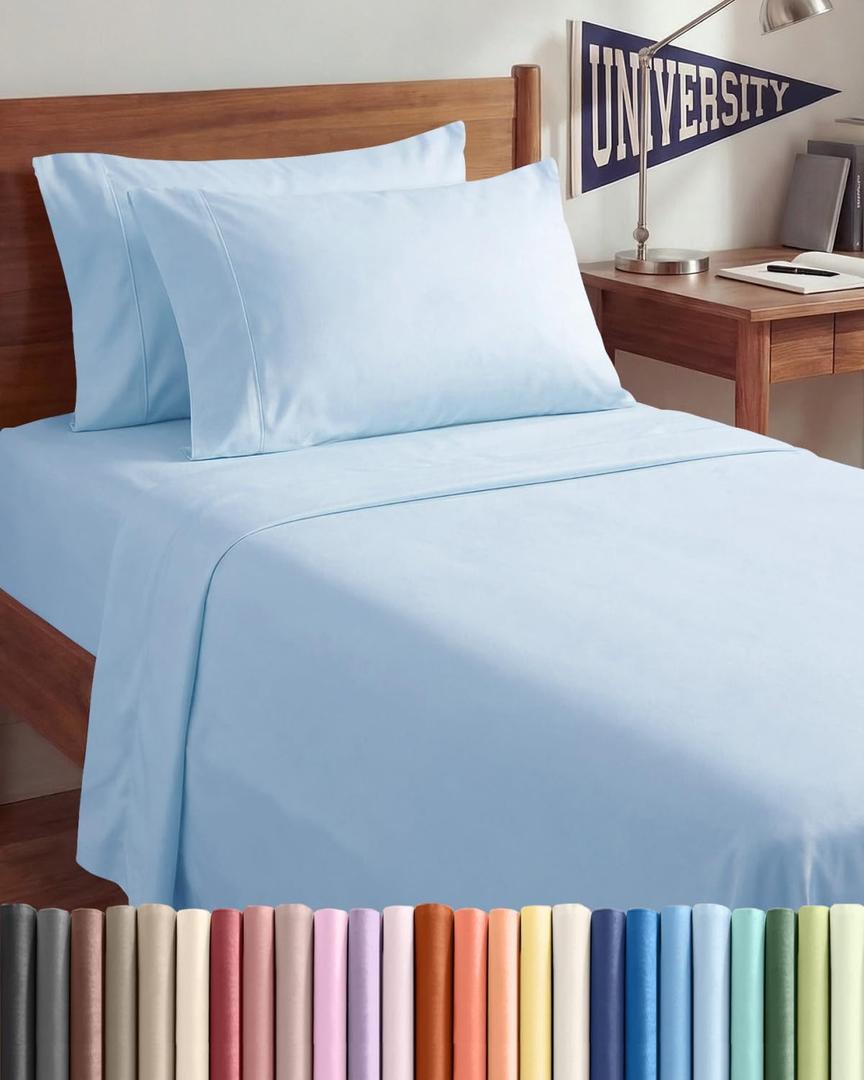 Twin XL 4 Piece Sheet Set - Comfy Breathable & Cooling - Hotel Luxury Bedding for Women, Men, Kids, Teens & Children - 1 Flat & 1 Fitted Sheet & 2 Pillowcases w/ Deep Pockets, Wrinkle Free - Baby Blue