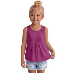 Ficerd Toddler Girls' Tank Tops Sleeveless Pleated Tunic T-shirts for Baby Crew Neck Summer Dressy Loose Plain Tee Blouses(2T,Dark Rose Red)
