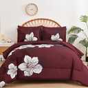 Luxudecor 7 Pieces King Size Comforter Set, Burgundy Floral Bed in a Bag Comforter and Sheet Set, Soft Microfiber Lightweight Bedding Set for All Season 104"90"