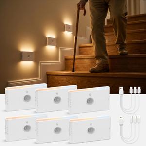 wowatt 3CCT Rechargeable Stair Lights Indoor, White Stairway Lights Indoor with Magnetic Mount, Dimmable Stair Lights Motion Sensor for Stairway, Hallway, Kitchen, Bathroom(6 Packs)