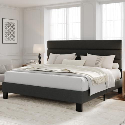GarveeHome Queen Bed Frame with Adjustable Headboard, Linen Fabric Upholstered and Wooden Slats Support, Heavy Duty Mattress Foundation, No Box Spring Needed, Easy Assembly, Dark Grey