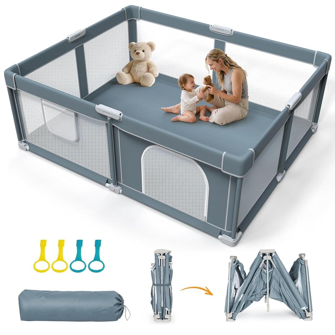 Foldable Baby Playpen - 71"x59" Collapsible Play Pen for Babies and Toddlers - Indoor Outdoor Foldable Play Yard with 4 Handles - Folding Baby Playpen with Bag Portable Travel Play Yard