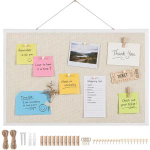 Thboxes Cork Board with Linen, 24" x 18" Double-Sided Bulletin Board Corkboard for Wall Picture Display Framed Vision Boards for Home Office School Pin Boards with 20 Pushpins &10 Clips