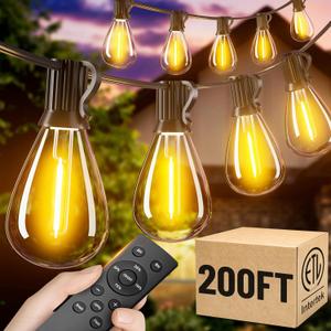 200FT Outdoor String Lights with Remote, Waterproof Patio Lights with 72+2 Shatterproof LED Bulbs, Low Voltage Adapter for Backyard Garden Porch Bistro Decor, Timer & Dimmer Modes