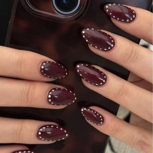 Almond Press on Nails - Medium Burgundy Fake Nails with Polka Dots Design, Full Cover Wine Red Glue on Nails, Reusable Elegant Stick on Nails for Women Manicure, Glossy Finish | 12 Sizes - 24 Pcs