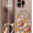GVIEWIN for iPhone 16 Pro Case Compatible with MagSafe, [Military Grade Protection] [Screen Protector] Full Camera Protection Floral Translucent Women Magnetic Phone Case, Primrose/Brown