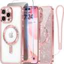 Meifigno Case Designed for iPhone 16 Pro, [Compatible with MagSafe] [1X HD+1X Privacy Screen Protectors] [Glitter Card&Wrist Strap] Surround Lens Protection Designed for iPhone 16 Pro Case, Rose Gold
