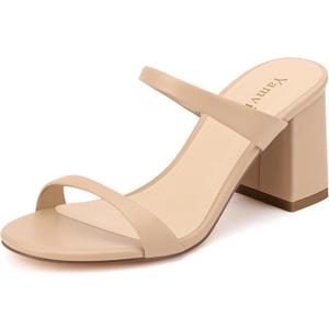 Mule Heels for Women Round Open Toe, Two Strap Heeled Sandals, 3-Inch Stable Chunky Block Heels, Summer Dress Daily shoes, Size 7, Biege