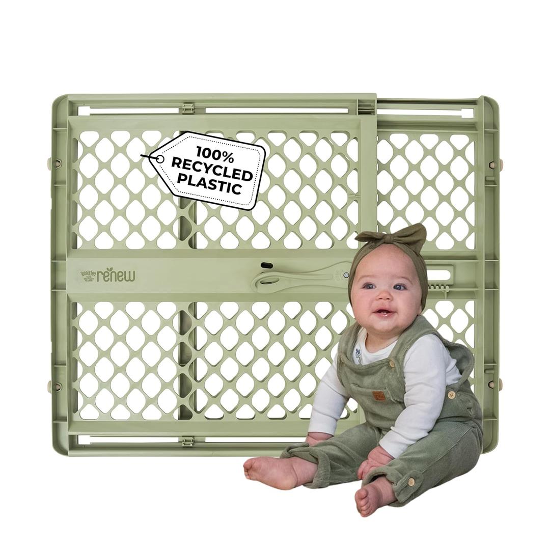 Toddleroo by North States - 100% Recycled Plastic Baby Gate for Doorway; Sturdy for Indoor & Outdoor Use: Pressure Mounted, No Drill Gate; Made in USA; 26" to 42" Wide, 26" Tall; Sea Grass Green