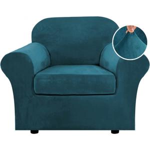 H.VERSAILTEX Rich Velvet Stretch 2 Piece Chair Cover Chair Slipcover Sofa Cover Furniture Protector Couch Soft with Elastic Bottom Chair Couch Cover with Arms Width Up to 49 Inch(Chair, Deep Teal)