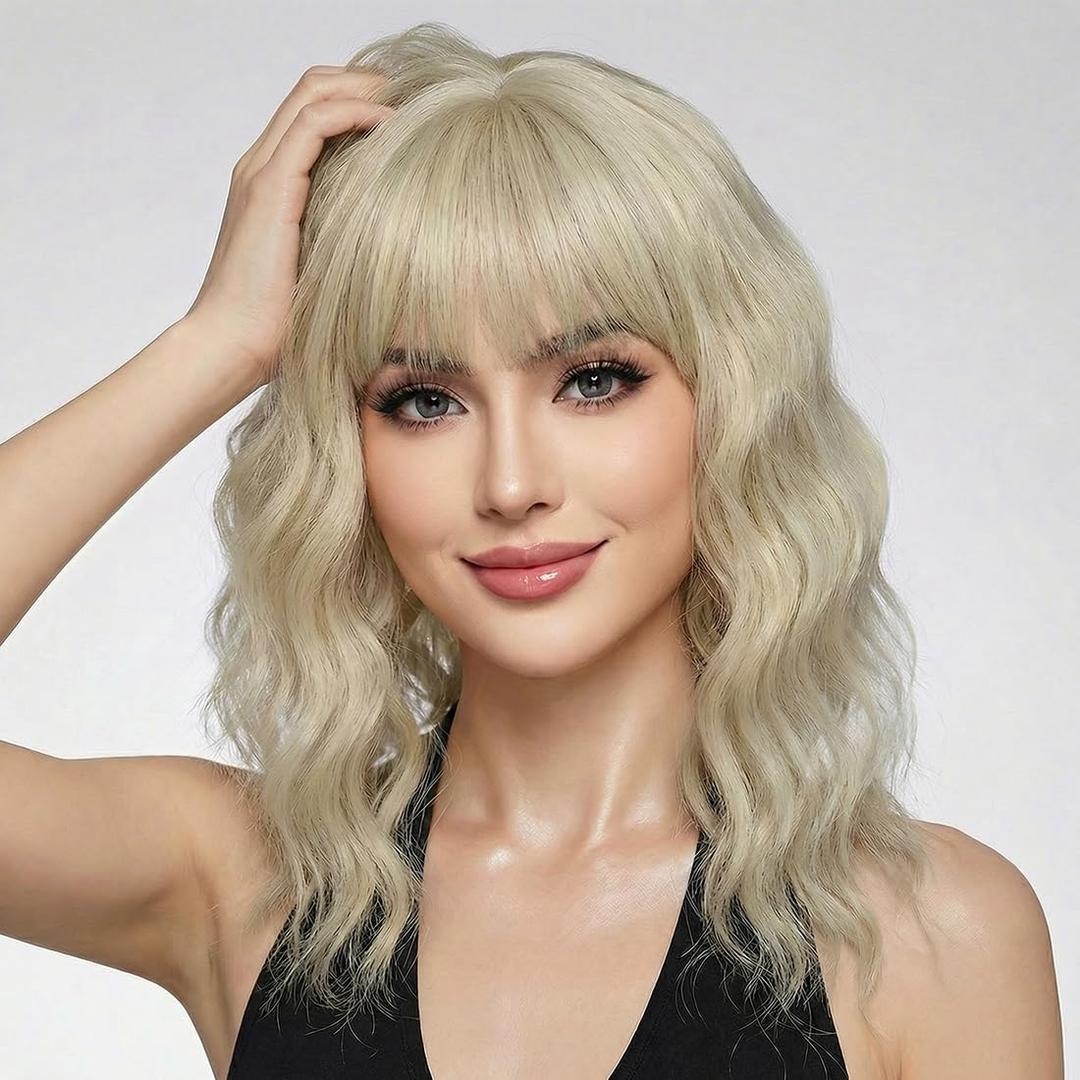 Pastel Dark Blonde Wavy Bob Wig for Women, Short Shoulder Length Synthetic Wig with Bangs, Matte Natural Realistic Look Lightweight Hairpiece, Blonde Color for Daily Wear & Cosplay Costume (14 Inch)
