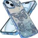 BITOBE Designed for iPhone 15, Cute 3D Butterfly Case Slim Plating Glitter Bling Luxury Cover for Women Girls Protective Camera Protection Bumper 6.1" Blue