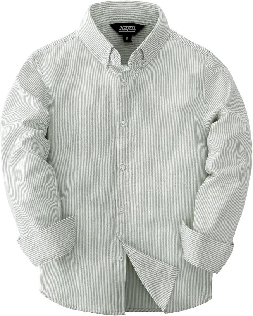 JOGAL Boys Long Sleeve Oxford Dress Shirts Casual Button Down Shirts Striped Tops for 6-14 Years (Green)