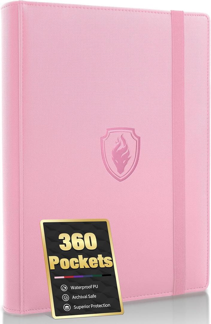 Premium 9 Pocket Card Binder for 360 Cards, Fabmaker PU Cover Trading Card Binder, Sturdy Card Collection Album, Sleek Card Holder Folders for Game Cards & Sports Cards, Pink