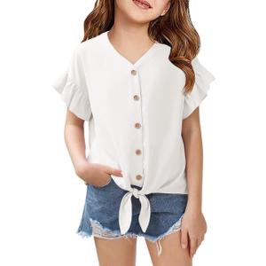 Girls Ruffle Short Sleeve Shirts V Neck Tie Front Knot Tops Button Cute Tunic Shirts Blouse, 160