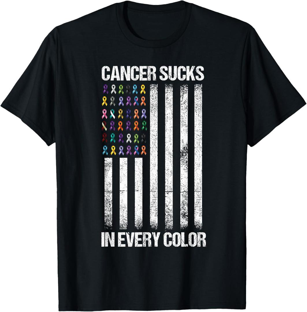 Cancer Sucks in Every Color Tshirt USA American Flag Ribbons T-Shirt (Black, Small)