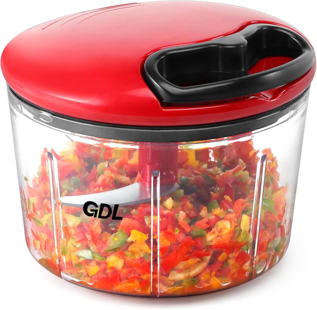 GDL Food Chopper, Pull Onion Chopper Dicer, Hand Powered Food Mincer, Fast Cutting Hand Chopper for Onion, Garlic, Nut, 3.4 Cups 0.8L, Red