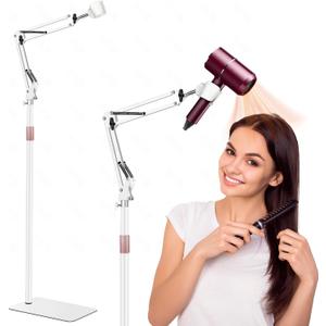 Hair Dryer Stand, 1.68M Height Adjustable, Hands Free Blow Dryer Holder with Heavy Base, 360 Degree Rotating, Work with 99% Dryers, Gift for Mom, Elder, Frozen Shoulder - White