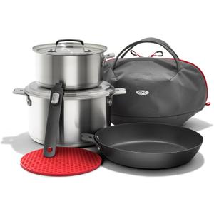 OXO Outdoor 8 Piece Camping Cookware Set, 10" Pre-Seasoned Carbon Steel Frying Pan Skillet, 2.25QT and 5QT Stainless Steel Saucepans with Lids, Removeable Handle, Trivet, Travel Bag, Space-Saving