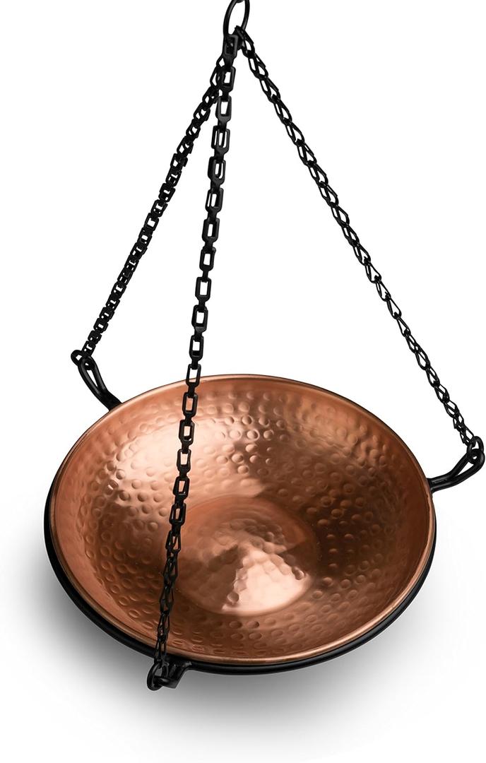Monarch Abode Hanging Bird Bath & Bird Feeder for Outdoors  Pure Copper Hand Hammered Birds Bath Bowl w/ 17-inch Detachable Iron Chain, Birdfeeder and Birdbath for Outdoors Garden Backyard