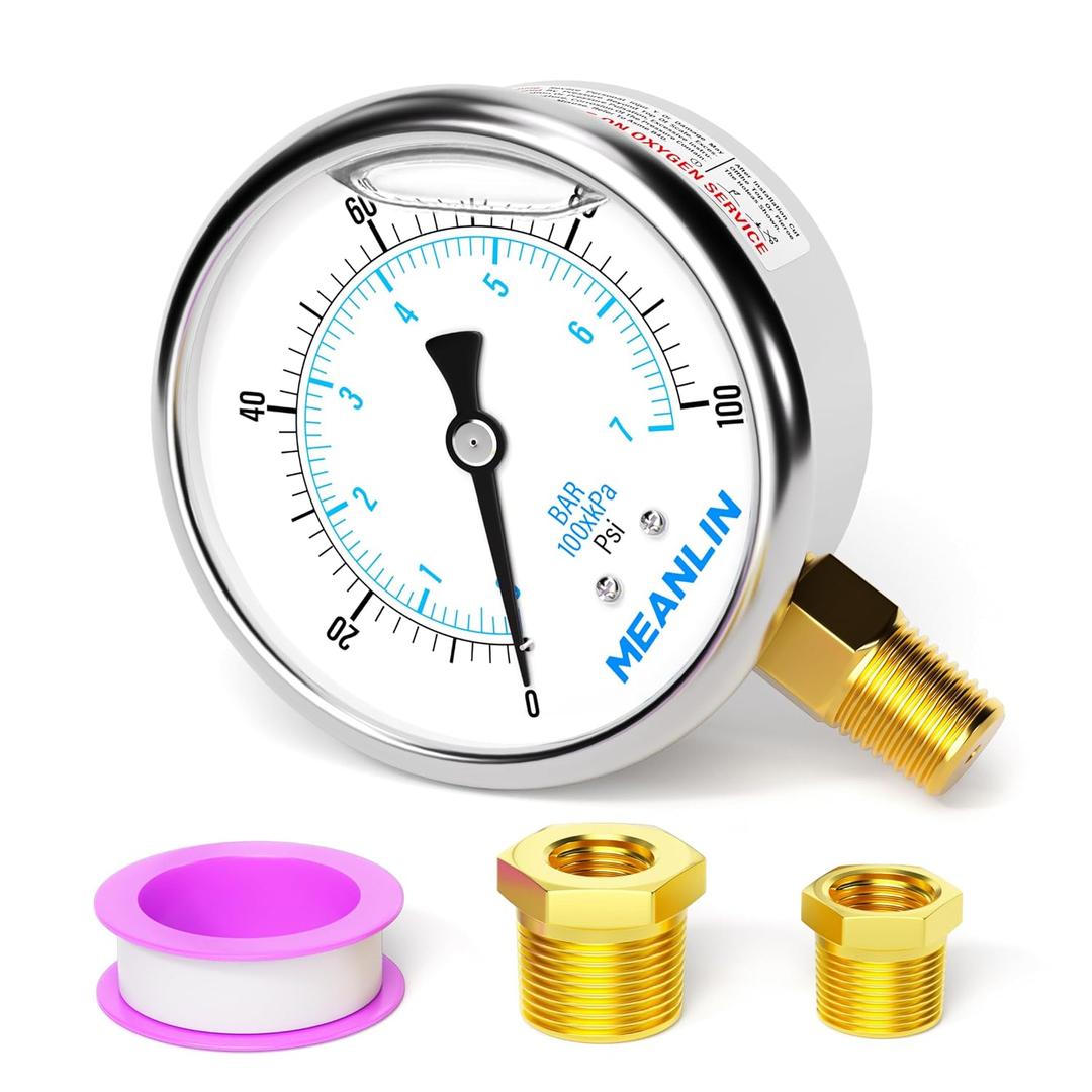 MEANLIN MEASURE 0~100Psi Stainless Steel 1/4" NPT 2.5" FACE DIAL Liquid Filled Pressure Gauge WOG Water Oil Air Lower Mount, with 1/2" NPT and 3/8" NPT Hex Bushing