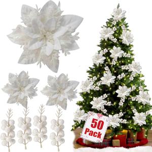 50pcs Glitter Poinsettia Christmas Ornaments, Artificial Flowers with Clips Stems for DIY Wreath Making, Holiday Home Party Decorations, Indoor Use (White)