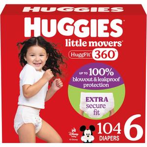Huggies Size 6 Baby Diapers, Little Movers HuggFit 360 Baby Diapers with 360 Waistband, Size 6 (35+ lbs), 104 Count (2 Packs of 52)