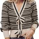 Saodimallsu Womens Striped Cropped Sweaters V Neck Cute Bow Tie Puff Sleeve Loose Knit Trendy Pullover Sweater (Small, Apricot)