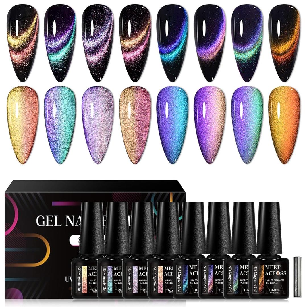MEET ACROSS 8pcs Cat Eye Gel Nail Polish Set,Soak off UV LED Lamp Gel Nail Polish Cat Eye Gel Set (SET-1, 8pcs) (2 Fl Oz (Pack of 1))