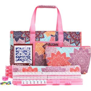 American Mahjong Tile Set with Printed Carrying Bag, 166 Premium Pink Tiles, 4 All-in-One Racks/Pushers and Accessories, Mahjong Set, Complete Mahjong Game Set for Travel,GiftsPink Flower