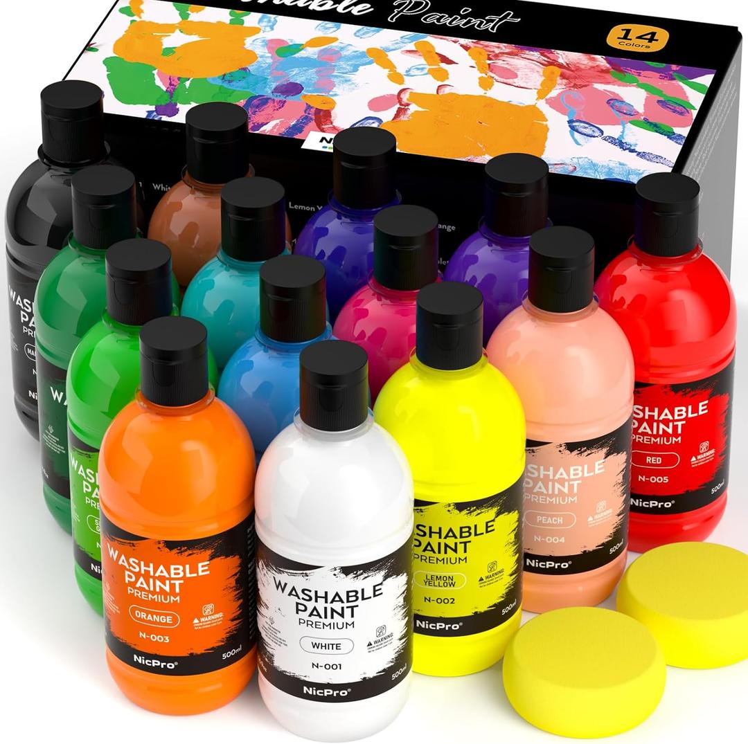 Nicpro 14 Colors Large Washable Paint Set for Kid (16.9oz), Acrylic Bulk Paint Supplies Non-Toxic Tempera Paint for Art, Craft, Poster & Finger Paint, School, Teacher Classroom Must Have, Paraben-Free