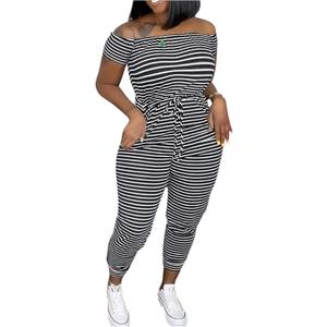 WDIRARA Women's Striped Off Shoulder Drawstring Tie Front Short Sleeve Casual Jumpsuit Pants (X-Large, Black and White)