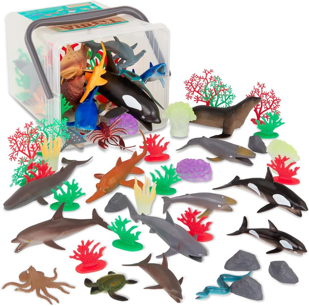 Terra by Battat  60 Pcs Marine World  Realistic Ocean Animals Toys  Plastic Sea Animal Figurines & Accessories  Shark, Whale, Dolphin & More for Kids and Toddlers 3+