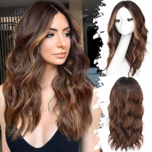 Eawwii Brown Highlight Long Wavy Wig for Women, Pre-Cut HD Lace Natural Hairline, Glueless Middle Part, Synthetic Fiber for Daily and Party Use 20Inch, Brown Highlight