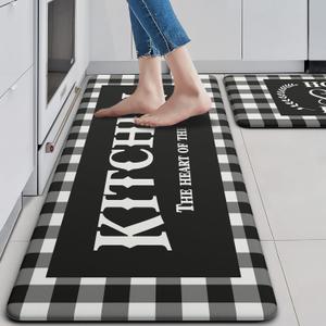 MAYHMYO Buffalo Plaid Kitchen Rugs Sets of 2 Black and White Kitchen Mat Anti Fatigue Sweet Home Waterproof Comfort Mat for Kitchen Sink Floor Laundry Office