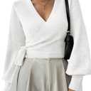 SOLY HUX Women's Long Sleeve V Neck Wrap Belted Sweater Elegant Office Knitted Crop Tops Fall Outfits (Medium, Plain White)