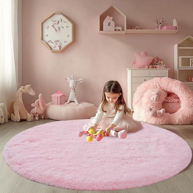 Round Fluffy Pink Rug 5x5ft: Ultra Soft Furry Girls Bedroom Carpet Plush Rug for Girls & Kids, Fuzzy Bedside Carpet for Baby (5ft, Pink)