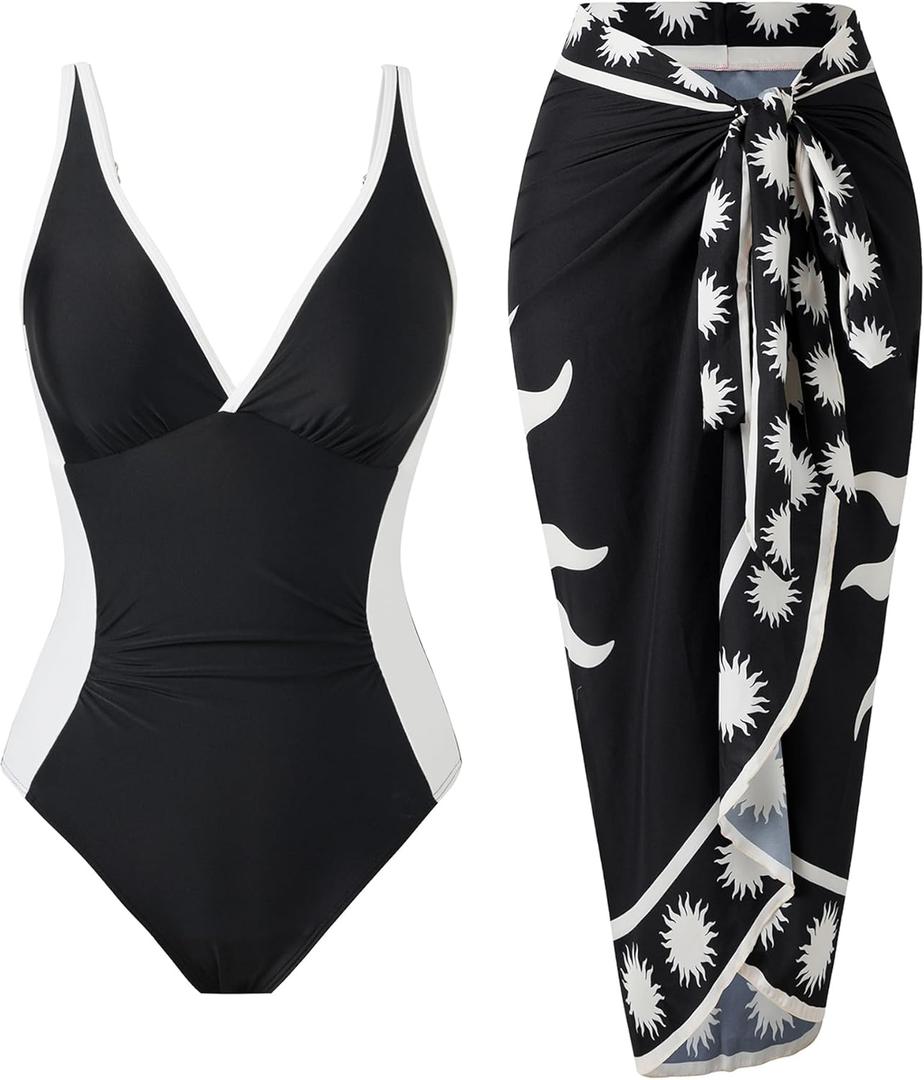 Womens One Piece Tummy Control Swimsuit Set with Wrap Skirt Cover Up V Neck Slimming Retro Bathing Suit (Small, Blackwhite)