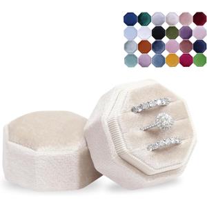 BLUTETE Velvet 3 Slots Jewelry Ring Box Engagement Wedding Box Keepsake Box Bridal Photo Ring Triple Slots Octagon (Champagne)