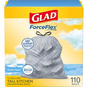 Glad Tall Kitchen Drawstring Trash Bags - Odorshield 13 Gallon White Trash Bag, Febreze Fresh Clean, 110 Count