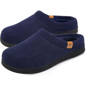 VeraCosy Men's Corduroy Moccasins Slippers Memory Foam Indoor Outdoor House Shoes Dark Navy, 9-10 US