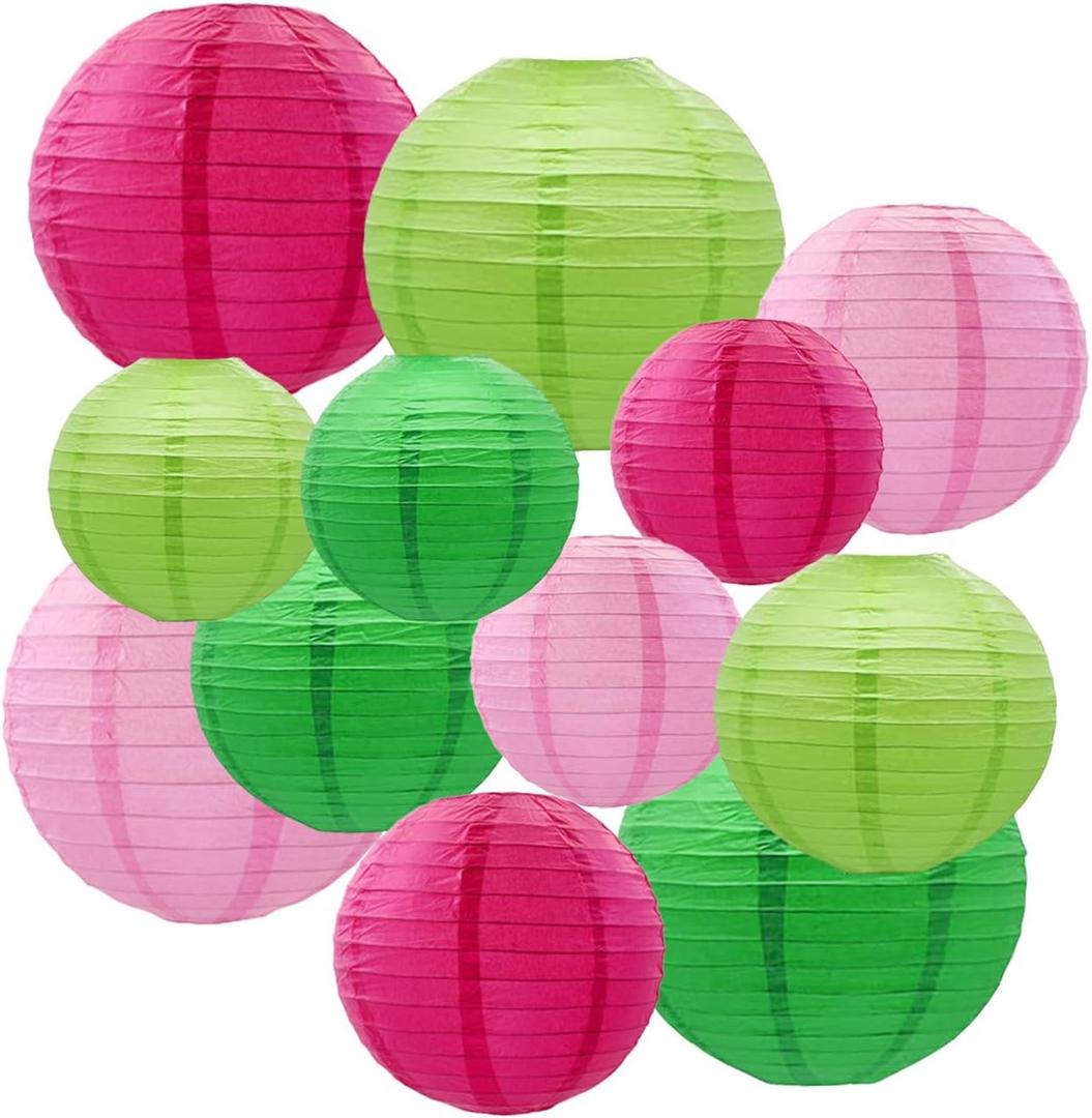 CC wonderland zone 12pcs Hot Pink and Green Paper Lanterns, Hanging Paper Lanterns for Bridal Shower Rustic Boho Birthday Wedding Home Decor Party Decoration