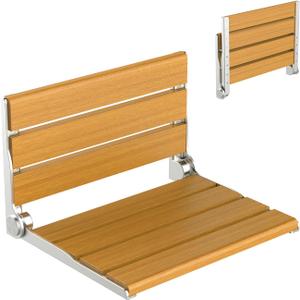 Wall Mounted Folding Shower Seat, Solid Red Oak Wood & Aluminum Shower Bench, 400 lbs Capacity Space Saving Foldable Bathroom Stool for Inside Shower, Entryway, Spa - Silver Frame