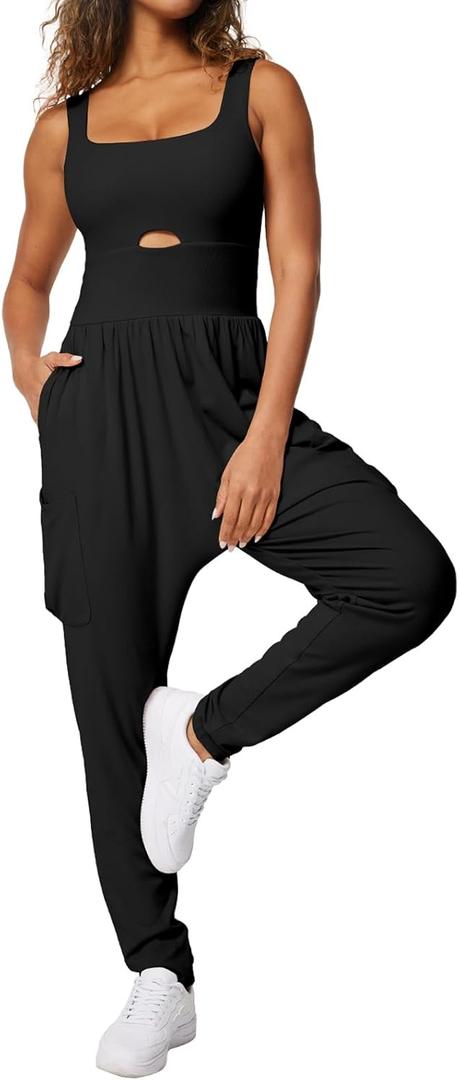 Casei Jumpsuits for Women Casual Summer Rompers Sleeveless Loose Strap Baggy Overalls Yoga Harem Jumpers with Pockets (Medium, Black)