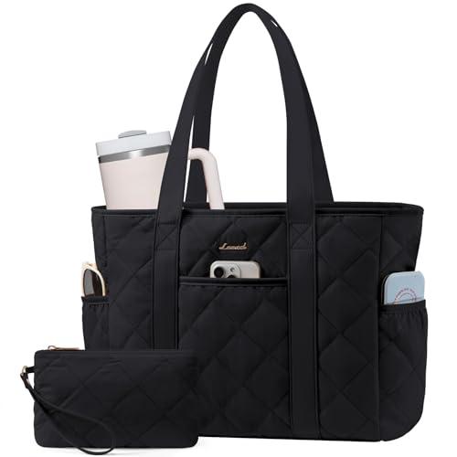LOVEVOOK Puffer Tote Bag for Women with Cup Holder, Large 15.6in Laptop Work Tote Bag with Zip for Daily, Travel, light Quilted Nurse Teacher Shoulder Bag, 2pcs