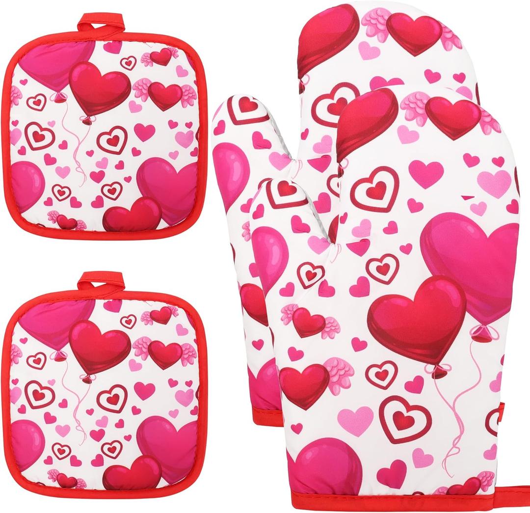 4PCS Valentine Day Oven Mitts and Potholders Set, Red Valentine Heart Oven Mitts Pot Holder Heat Resistant Non-Slip Cooking Gloves for Valentine Day Cooking Baking Party Supplies
